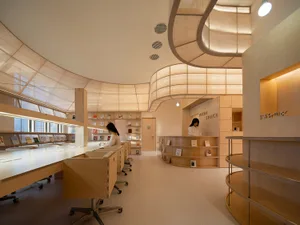 Interior of a modern library with curved wooden shelves and a minimalist design.