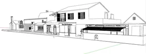 Black and white drawing of a street view featuring a storefront with awnings and shutters.