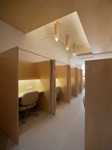 Modern minimalist office cubicles with wood panels and curtains
