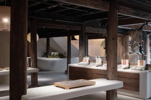 Modern retail storefront interior with lighting and display elements