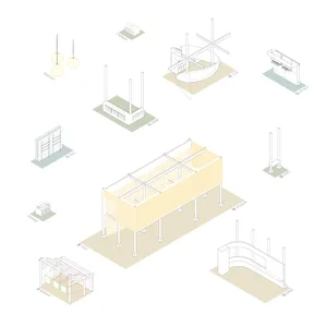 A rendered 3D model showing various architectural components.