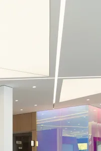 A modern office lobby featuring minimalist design with concrete and glass materials.