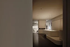 A minimalist modern office space with wooden elements and clean lines.