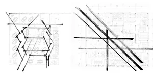 A modern office layout with a series of lines and patterns.