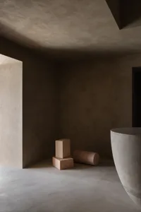 Minimalist interior design featuring concrete elements.