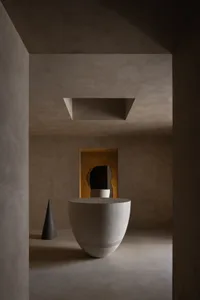 Minimalist interior design featuring a concrete vase and cone-shaped sculpture.