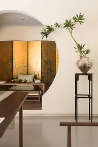 Modern living room with wooden furniture and ceramic accents.