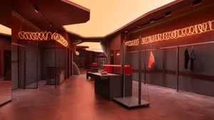 An industrial-themed retail space with metal elements.