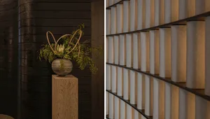 Modern furniture featured in a room with wooden surfaces and geometric design elements.