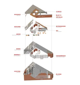Sectional diagram of a concrete and tile interior space.