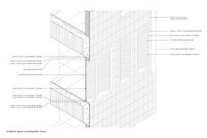 Detailed architectural drawing of a modern building exterior featuring aluminum and concrete materials.