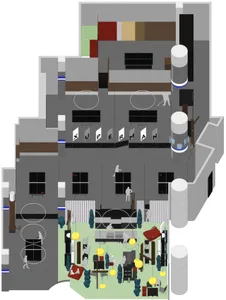 A detailed 2D architectural drawing of a modern office space, including various functional zones and materials.