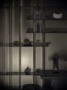 A modern, minimalist indoor display featuring glass shelves with various decorative items.