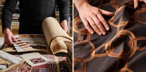 Person holding a fabric swatch with intricate chain pattern design