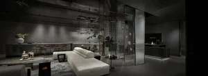 Minimalist living room with white furniture, metallic accents, and wood elements.