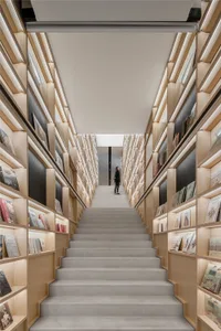 Modern library with stairs and wooden shelves filled with books.