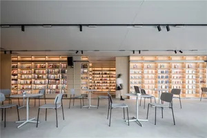 A minimalist library interior featuring neutro-wood materials and an organized shelving system.