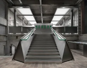 Industrial-style concrete and metal stairs in a train station concourse