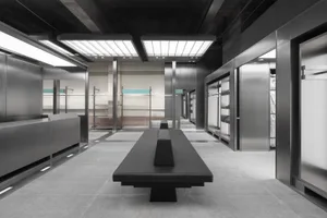 Modern retail showroom with dark metallic and reflective materials