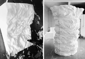 Process of creating a snow sculpture using a heat gun and sculpting tools.