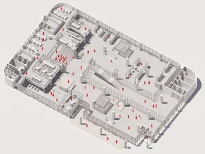 An overhead view of an office layout with steel frames.