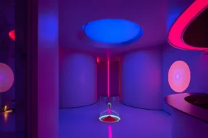 Modern light installation featuring circular blue and red lights, a glass hourglass with sand, and a white floor and walls.
