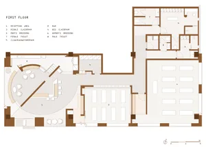 First floor office layout including reception area, bar, middle classroom, big classroom, men's dressing, women's dressing, f