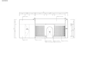 Industrial storefront elevation with metal bars and reflective surfaces.