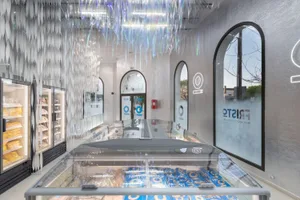 Interior of a modern retail shop featuring metallic decorative elements and a contemporary design.