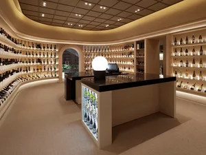 A wine shop with backlit glass shelves and a curved arch.