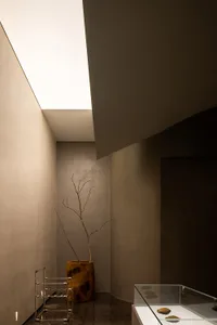 A minimalist hallway with modern concrete walls, a glass display case, and a single wooden vase with branches.
