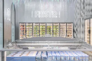 Metallic retail store interior with neon lights