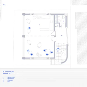 2D architectural drawing of a 2nd floor office space, including office areas, restrooms, storage, and a hallway.