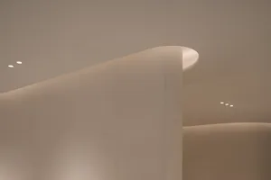 A minimalist architectural ceiling featuring curved white surfaces and modern lighting fixtures.