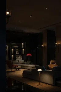 A modern living room with a large sectional sofa, contemporary chairs, and a minimalistic decor scheme.