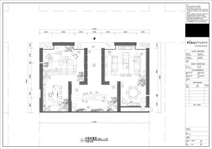 2D architectural drawing of a modern office space featuring steel, glass, and concrete materials.