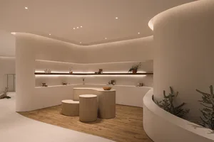 Modern retail storefront featuring wooden and concrete elements