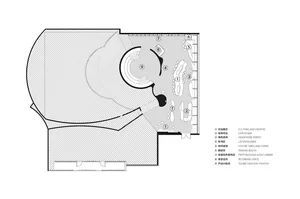 Floor plan of a library with a cinema area featuring mixed materials