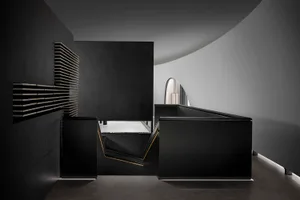 Modern black metal lounge area with sleek design and industrial aesthetic