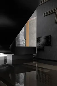 Modern interior space with concrete elements and geometric shapes