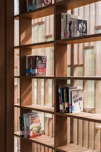 Books neatly arranged on a wooden bookshelf inside a window.
