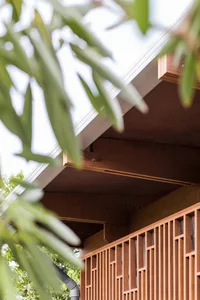 Detail of modern wooden construction featuring clean lines and natural materials.