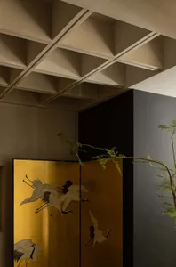 A modern, metallic finish living room panel with geometric design and plant accents.