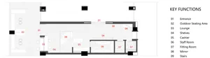 Floor plan of a commercial interior showing various functional zones such as entrance, outdoor seating area, lounge, shelves,