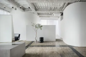 A minimalist interior space with concrete walls and floor, featuring a single tree in a glass vase and a black cushioned benc