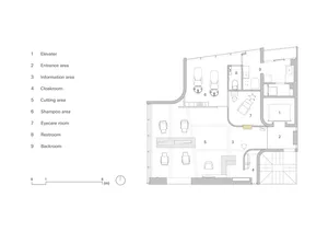 A detailed floor plan of a modern barber shop featuring a hair cutting and styling area, shampoo room, restrooms, and backroo