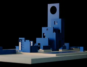 A modern architectural model made of blue blocks on a white platform.