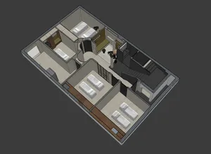 A modern, open-plan living space with concrete walls and floors, showing a kitchen area with white appliances and a dining ta