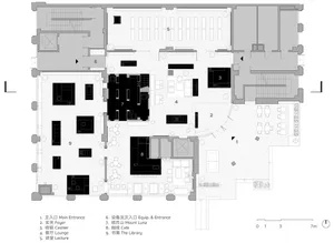 A detailed architectural floor plan of a modern library.