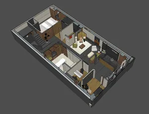 3D model of a modern residential apartment design layout with open floor plan, minimalist decor, and modern furniture.